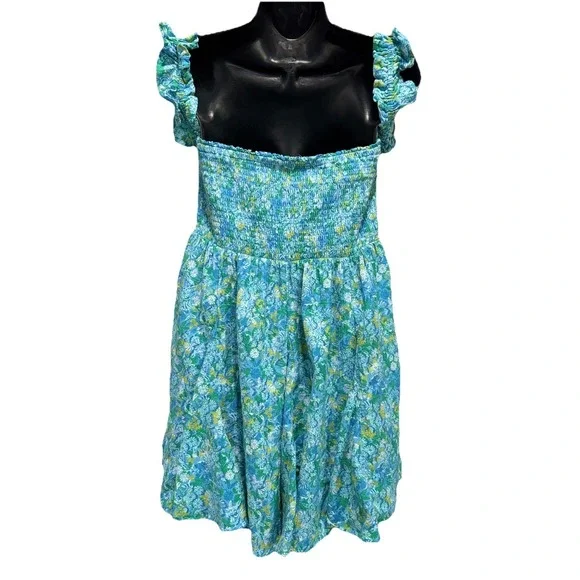 American Eagle Teal/Yellow Floral Sundress Size L Smocked Body Ruffle Straps - Picture 5 of 8